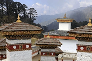 Chorten Prints: Asia, Bhutan. Buddhist monastery buildings