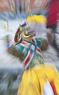 Costume Prints: Asia, Bhutan, Bumthang. Close-up of dancer at Ura Yakchoe festival
