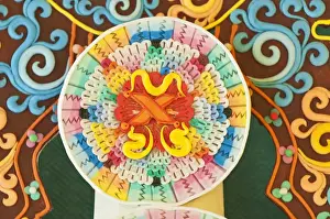 Bumthang Prints: Asia, Bhutan, Bumthang. Design detail on altar at Jampey Lhakhang temple. Credit as