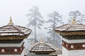 Chorten Prints: Asia, Bhutan, Dochu La. Close-up of chortens or stupas and trees in fog. Credit as