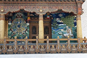 Asia, Bhutan. Paintings and detailed woodwork near entrance to temple in Punakha Dzong Asia, Bhutan. Paintings and detailed woodwork near entrance to temple in Punakha Dzong
