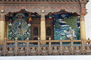 Robe Prints: Asia, Bhutan. Paintings and detailed woodwork near entrance to temple in Punakha Dzong palace