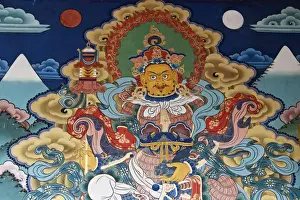 Punakha Prints: Asia, Bhutan, Punakha. Murals depicting aspects of Buddhist culture inside Punakha Dzong temple