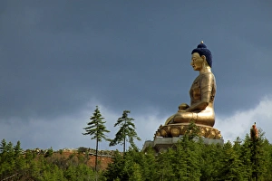 Buddhism Prints: Asia, Bhutan. Thimpu. The Buddha Dordenma statue, bronze and gilded in gold, is