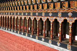 Perspective Prints: Asia, Bhutan, Thimpu. Prayer Wheels of the cnetral square in Thimpu