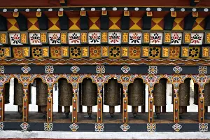 Spin Prints: Asia, Bhutan, Thimpu. Prayer Wheels in a small public square in central Thimpu