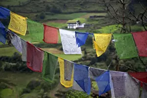 Himalayas Prints: Asia, Bhutan, Trongsa. Landscape and prayer flags scene of Bhutan