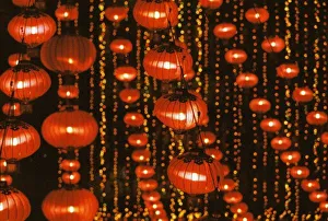 Images Dated 19th May 2011: Asia, China, Beijing. Red Chinese lanterns, lobby of Beijing hotel