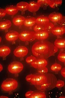 Chinese Lantern Prints: Asia, China, Beijing. Red Chinese lanterns in lobby of Beijing Hotel