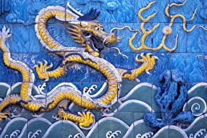 Asia, China, Beijing. Stylized dragons nearly jump from this tiled wall, in the Forbidden City