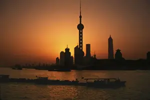 Huangpu River Prints: ASIA, China, Shanghai View of Oriental Pearl TV Tower and highrises