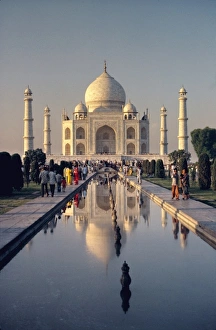 Uttar Pradesh Prints: Asia, India, Agra. At dusk the reflection pool in front of the Taj Mahal