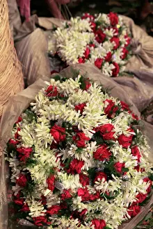 Asia, India, Calcutta. Garlands of rose and freesia in the flower market in Calcutta