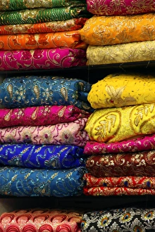 Fabric Prints: Asia, India, Delhi. Colorful Sari Shop in Old Delhi