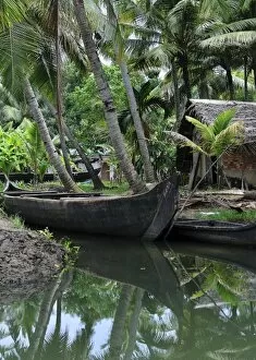 Images Dated 31st March 2007: Asia, India, Kerala (Backwaters). A dugout canoe tied up alongside a Kerala Backwaters canal