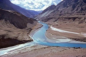 Asia, India, Ladakh, Indus River. The blue waters of the Indus and Zanskar Rivers