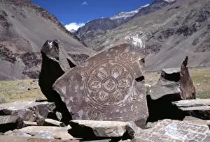 Gompa Prints: Asia, India, Ladakh, Karsha. Carved and decorated mani stones lie upended in Karsha Gompa