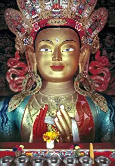 Nose Prints: Asia, India, Ladakh, Thikse. The gilt Buddha at Thikse Gompa, Ladakh, India, is roughly