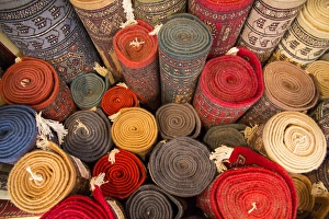 Asia, India, Rajasthan, Jaipur, the making of carpets. Rolled carpets for sale