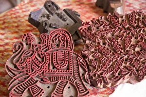 Jaipur Prints: Asia, India, Rajasthan, Jaipur, stenciled print making on bolts of cotton cloth