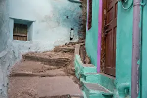 Udaipur Prints: Asia, India, Rajasthan, Udaipur narrow winding street with steps