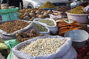 Uttar Pradesh Prints: Asia, India, Uttar Pradesh Agra, street market, variety of fruits nuts and vegetables