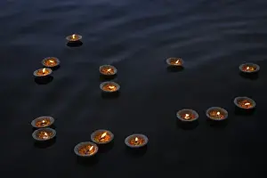 Offering Prints: Asia, India, Varanasi Region. Offerings in the Gangi River