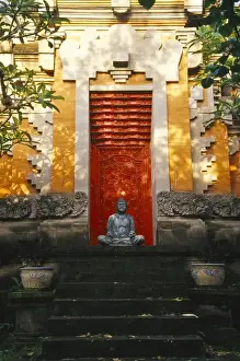 Ubud Prints: Asia, Indonesia, Bali, Ubud. Buddha statue in front of Balinese Hindu temple