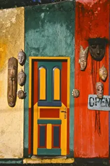 Ubud Prints: Asia, Indonesia, Bali, Ubud. Colorfully painted building decorated with masks