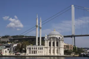 Images Dated 10th September 2014: Asia, Istanbul. Ortakoy Mosque and New bridge (Fatih Sultan Mehmet Bridge)