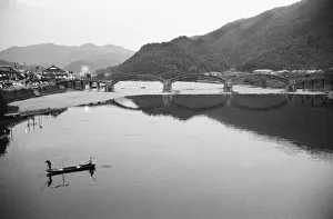 Row Boat Prints: Asia, Japan, Iwakuni. Fishermen and historic bridge