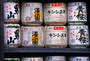 Asia, Japan, Tokyo. Barrels of sake, a Japanese rice wine