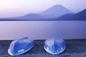 Fuji Prints: Asia, Japan, Yamanashi, Rowboats on Motosu Lake with Mt. Fuji in the Background