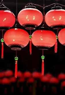 Asia, Malaysia, Kuala Lumpur, red lanterns in Chinese temple