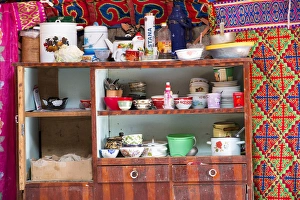 Images Dated 22nd August 2015: Asia, Mongolia, Western Mongolia, Bayan-Olgii. Suhayt, inside a yurt or Ger, nomads tent