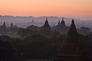 Asia, Myanmar, Bagan, Temples at Sunrise in Bagan area