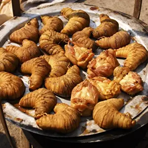 Edible Prints: Asia, Myanmar, Nyaungshwe, close-up of grubs and larvae for sale at morning market