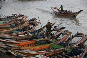 Yangon Prints: Asia, Myanmar, Yangon. Boat transportation in Yangon