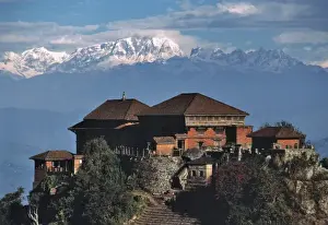 Nepal Prints: Asia, Nepal, Gorkha. Gorkha Palace is perched on a hill beneath massive Manaslu