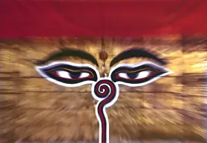 Kathmandu Valley Prints: Asia, Nepal, Kathmandu Valley. A blurred exposure accents the eyes of the Swayambunath