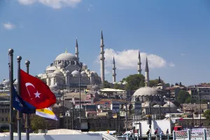 Images Dated 10th September 2014: Asia, Turkey, Istanbul. Seen from waterfront, with Turkish red flag, the Blue Mosque