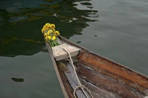 Images Dated 24th January 2006: Asia, Vietnam. Traditional Vietnamese boat with flowers on the bow, Hoi An, Quang