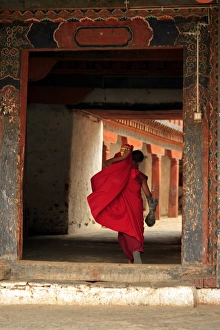 Robe Prints: Asias, Bhutan, Wangdue. Monk at Wandu Phodrang Dzong
