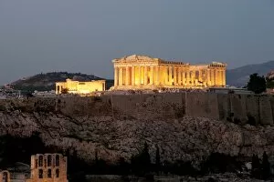 Images Dated 23rd August 2005: Athens. Panoramic view of the Acropolis at night. Attica. Central Greece