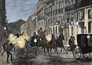 Smoke Prints: Attack on Isabella II (1830-1904) and King Francis of Spain (1822-1902). Madrid. Spain