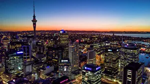 Micah Wright Prints: Auckland, New Zealand. The Auckland Skytower and harbor at night