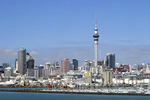Sky Tower Prints: Auckland, New Zealand. Aucklands world famous harbor and skytower as seen from the water