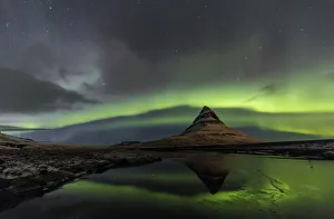 Northern Lights Prints: Aurora borealis reflects below Kirkjufell aka Church Mountain on the Snaefellsnes
