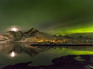 Dark Prints: Aurora Borealis. View from Flakstadoya towards Moskenesoya with the bridge over the Kakersundet