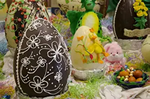Candy Prints: Australia. Easter display of ornately decorated large dark chocolate eggs and candy